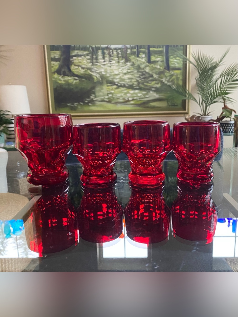 4 Vtg Anchor Hocking Ruby Red Georgian Honeycomb Glasses 3 Different Sizes